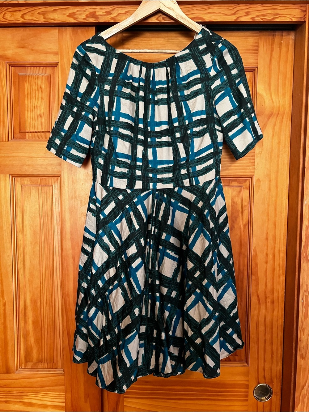 EUC Boden Modern Plaid Dress in Teal, Dark Green and Cream